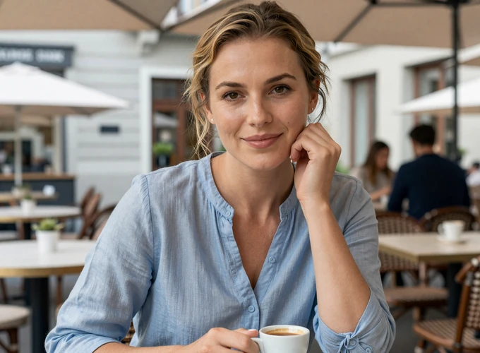Swiss woman enjoying espresso at a Zurich cafe terrace - authentic Swiss dating profile
