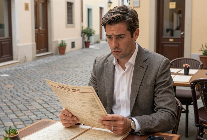 American man learning European cafe etiquette during a date abroad