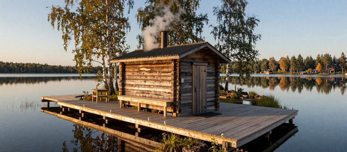Traditional Finnish lakeside sauna cabin at golden hour - iconic setting reflecting Finland's sauna culture central to Finnish relationships and dating