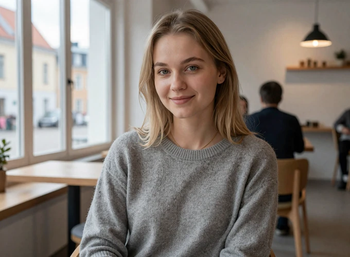 Estonian woman in a minimalist Tallinn café with medieval architecture visible through large windows - authentic Estonian dating profile