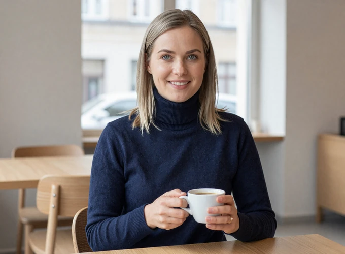 Swedish woman enjoying fika in a minimalist Stockholm cafe - authentic Nordic dating profile