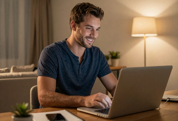 American man smiling during a video call with his European girlfriend at home in the evening
