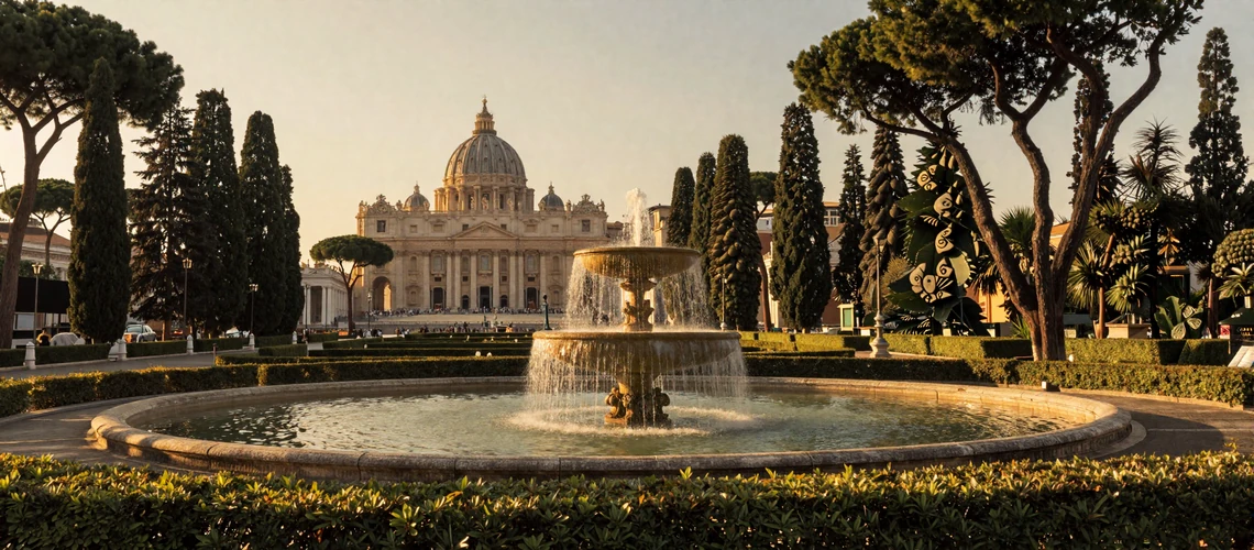 Vatican Gardens with classical fountains and St. Peter's dome - serene cultural setting where Vatican-area women enjoy peaceful moments