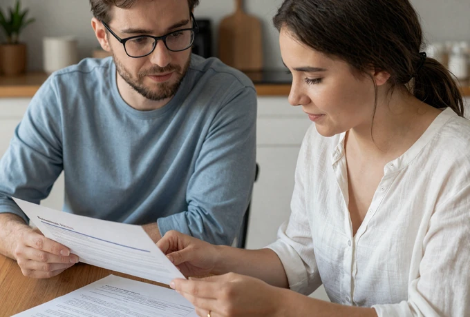 American man and European fiancée reviewing K-1 visa documents together at home