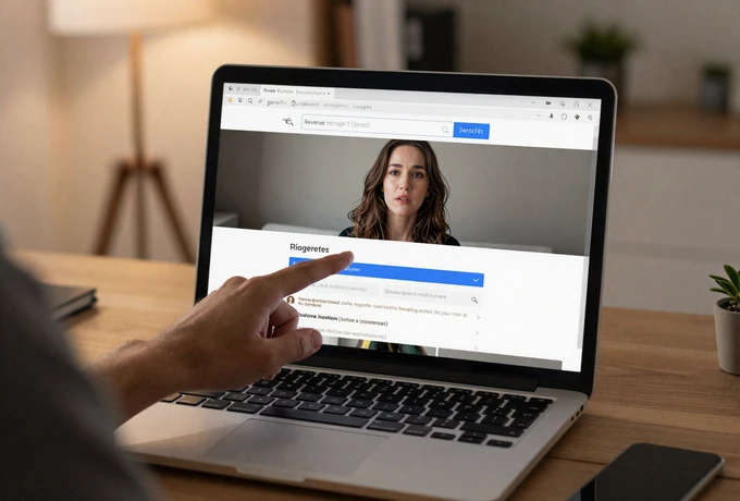 Man verifying a dating profile photo using reverse image search to detect catfishing scams