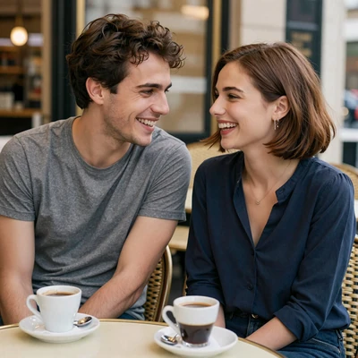 Happy HappyCity couple enjoying coffee at a Parisian sidewalk cafe