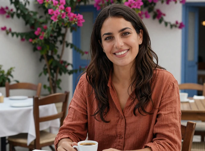 Greek woman enjoying coffee at an outdoor Athens cafe - authentic Mediterranean dating profile