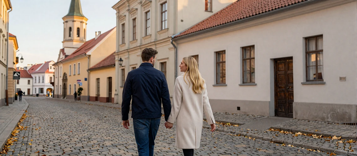 Couple walking through Vilnius Old Town baroque streets at golden hour - romantic Lithuanian dating experience