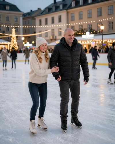 HappyCity couple ice skating together at a European winter market