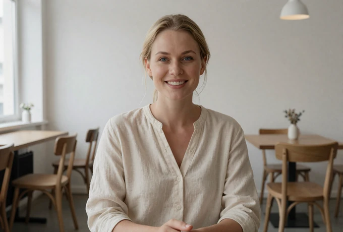 Scandinavian woman at a Nordic cafe illustrating European dating pace and culture