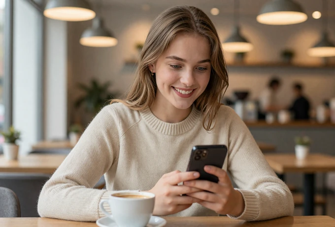 European woman smiling while reading a message on her phone in a cozy cafe, showing genuine interest in online dating conversation