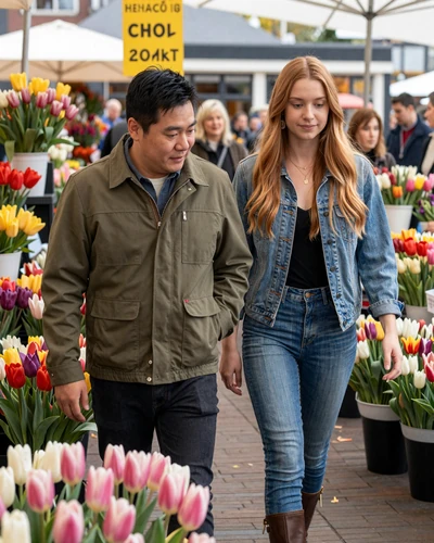 HappyCity couple browsing tulips at an Amsterdam flower market