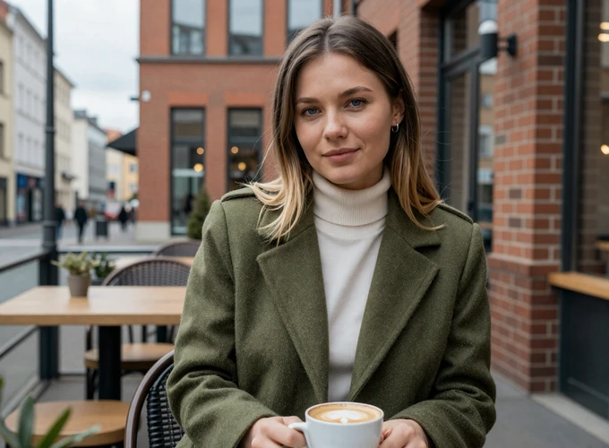 German woman enjoying coffee at a Berlin cafe - authentic German dating profile