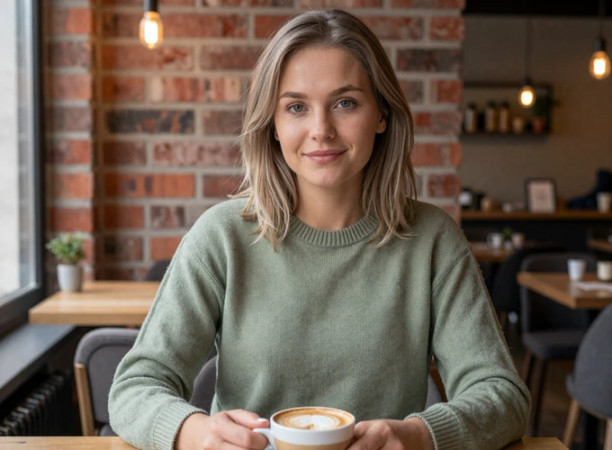 Lithuanian woman enjoying coffee at a cozy Vilnius café - authentic Lithuanian dating profile