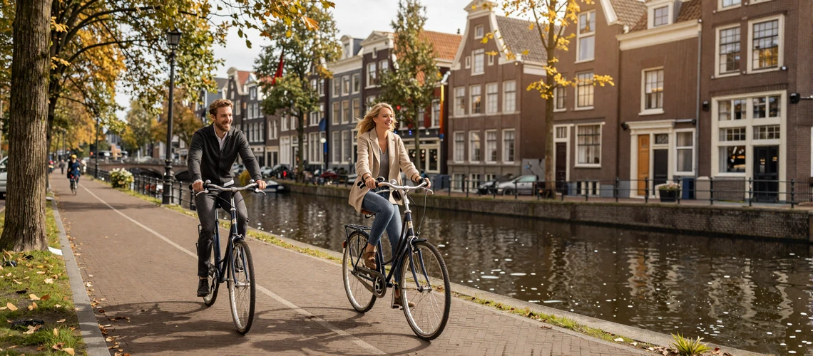 Couple cycling together along an Amsterdam canal - quintessential Dutch dating experience