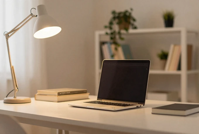 Ideal video chat lighting setup with desk lamp positioned at 45-degree angle and laptop elevated to eye level for international dating calls