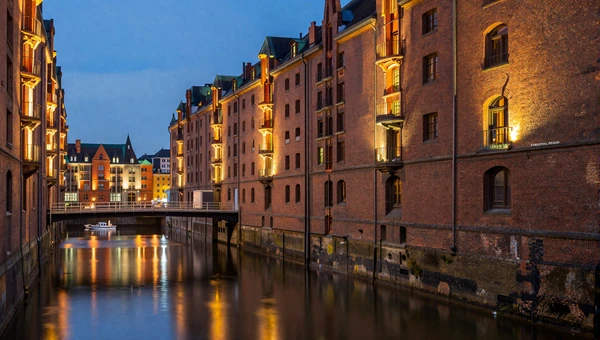 Hamburg Speicherstadt district at dusk - romantic Northern German dating scene