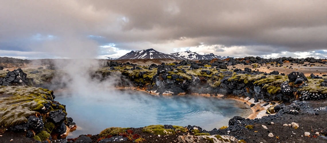 Dramatic Icelandic geothermal hot spring with turquoise water and volcanic landscape - romantic natural setting where Icelandic couples bond outdoors