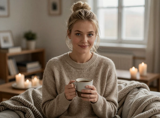 Danish woman enjoying coffee in a cozy hygge-styled living room with candles and warm blankets - authentic Danish dating profile