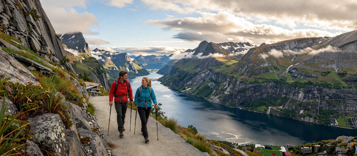 Couple hiking a Norwegian fjord trail - friluftsliv outdoor lifestyle central to Norwegian dating culture