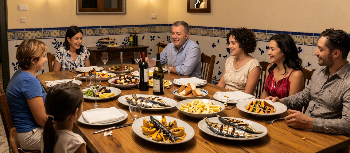 Traditional Portuguese family dinner table with bacalhau and wine - Portuguese dating culture and family togetherness