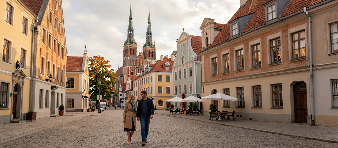 Romantic couple walking through Riga Old Town cobblestone streets in autumn - Latvian dating experience