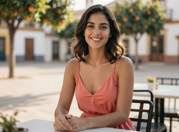Spanish woman enjoying a sunny cafe in a Mediterranean plaza - authentic Spain dating profile