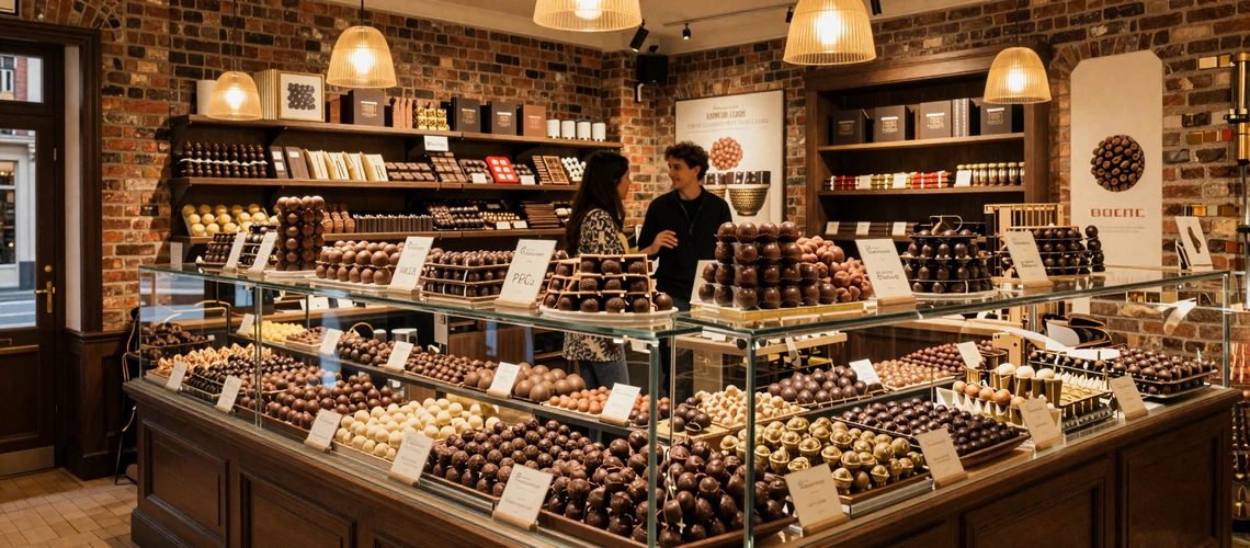 Belgian chocolate shop in Brussels - romantic setting where Belgian couples enjoy artisan pralines together