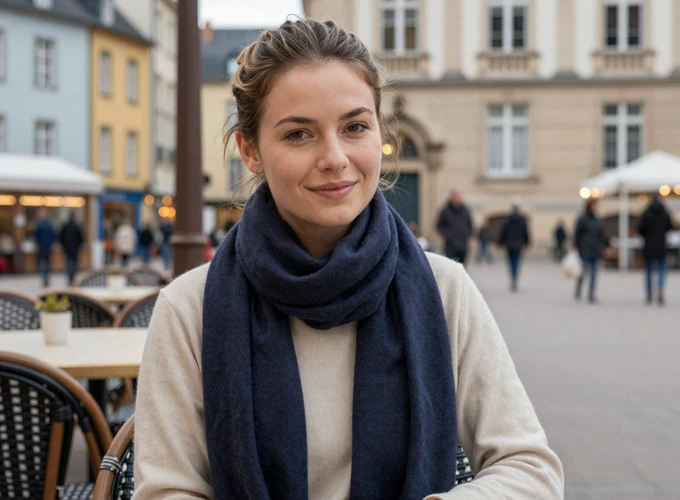 Luxembourg woman enjoying an afternoon coffee at a terrace café in Place Guillaume II - authentic Luxembourg dating profile
