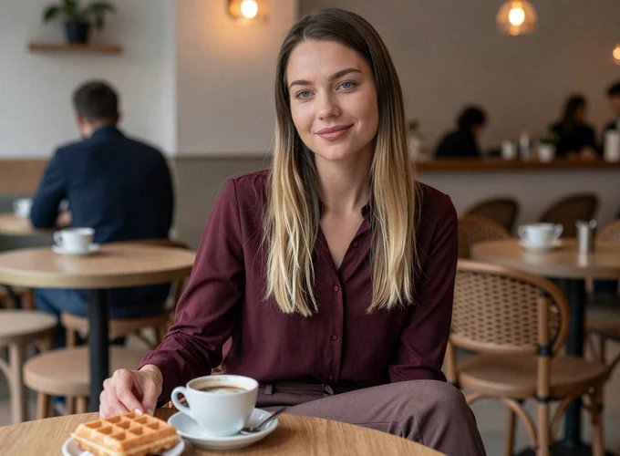Belgian woman enjoying coffee and waffles at a cozy Brussels cafe - authentic Belgian dating profile