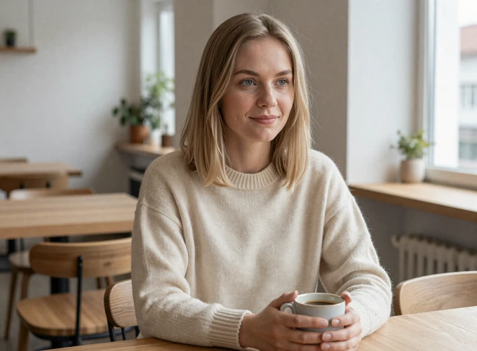 Finnish woman enjoying coffee in a minimalist Nordic cafe in Helsinki - authentic Finnish dating profile