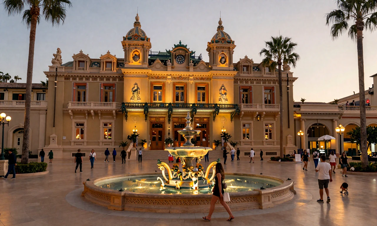 Monte Carlo Casino Square at dusk with warm Mediterranean lighting - iconic romantic setting in Monaco dating culture