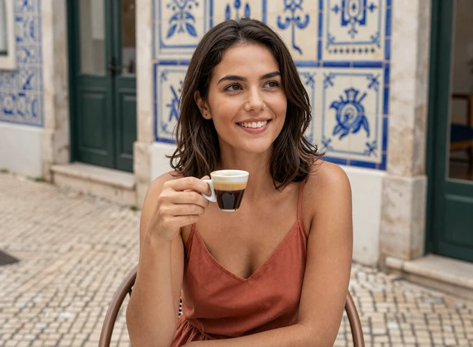 Portuguese woman enjoying espresso at an Alfama cafe in Lisbon - authentic Portugal dating profile