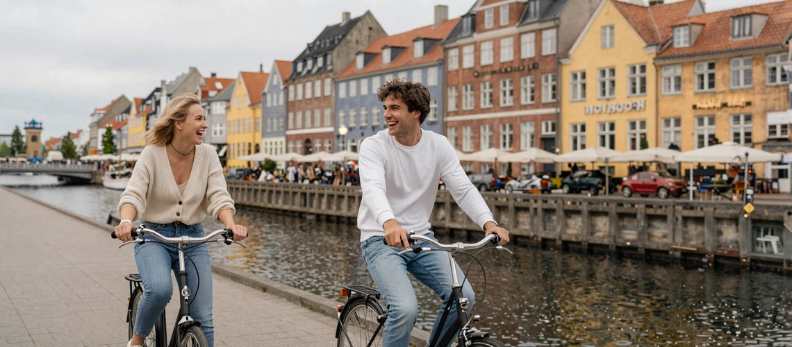 Couple cycling together along a Copenhagen canal with colorful buildings - typical Danish dating experience
