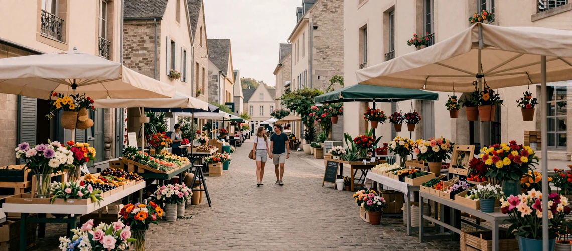 French outdoor market with flowers and produce - typical romantic date setting in France