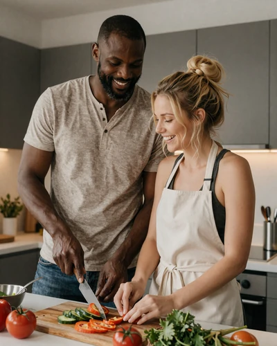 HappyCity couple cooking together in their home kitchen