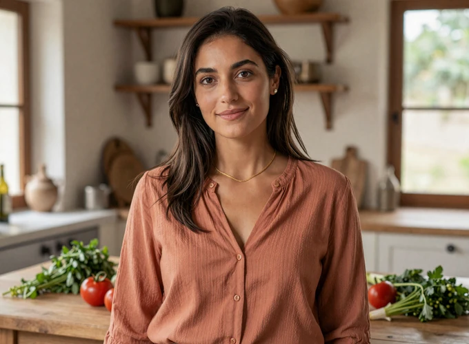 Italian woman smiling warmly in a rustic kitchen - authentic Italian dating profile on HappyCity