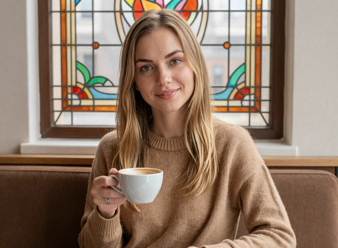 Latvian woman enjoying coffee in a cozy Riga Art Nouveau café - authentic Latvian dating profile
