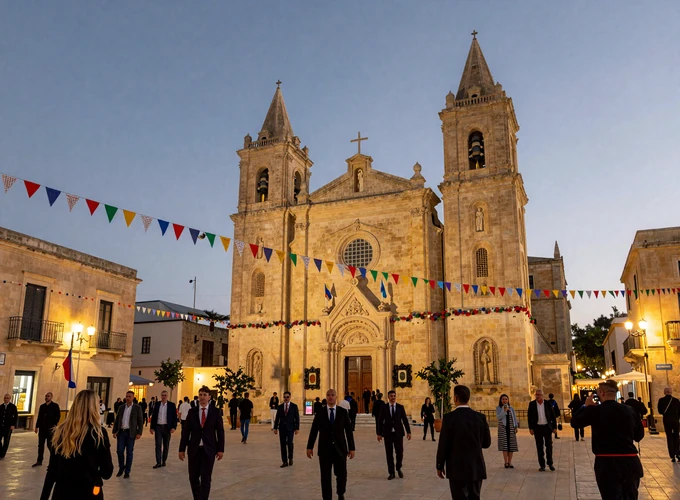 Traditional Maltese village festa celebration with illuminated church and festive decorations - cultural dating experience in Malta