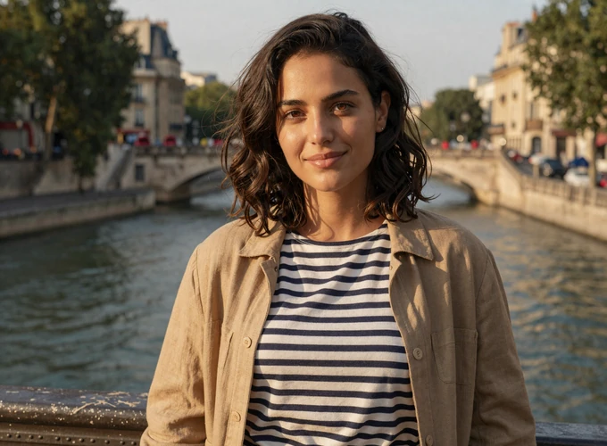 French woman in a Breton top standing on a Parisian bridge at golden hour - authentic France dating profile