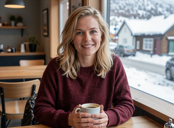 Norwegian woman enjoying coffee at a cozy cafe in Oslo - authentic Norway dating profile