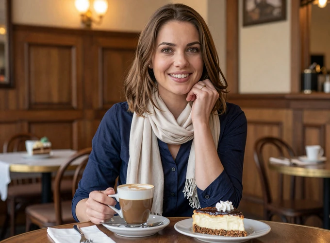 Austrian woman enjoying a melange coffee and Sachertorte at a traditional Viennese coffeehouse - authentic Austrian dating profile