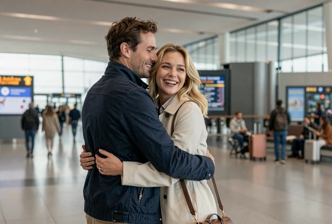 American man and European woman reuniting with a warm embrace at an international airport arrivals hall