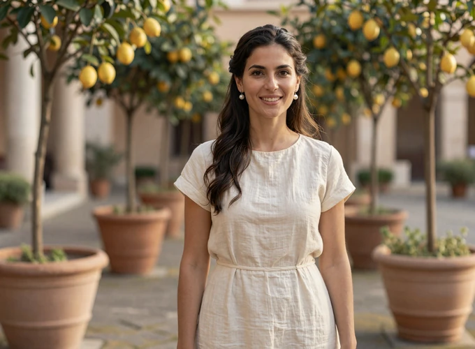 Elegant woman near Vatican City in a classical Roman courtyard garden - authentic faith-centered dating profile
