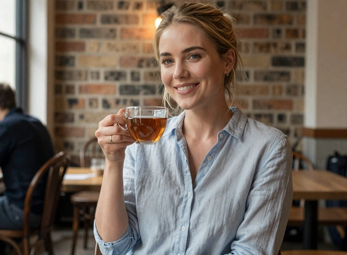 British woman enjoying afternoon tea in a London cafe - authentic UK dating profile