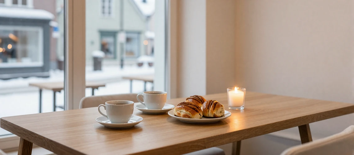 Traditional Swedish fika setting with coffee and cinnamon buns in a minimalist Scandinavian cafe - core of Swedish dating culture