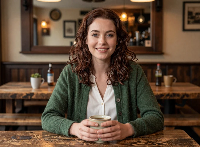 Irish woman enjoying coffee in a traditional Dublin pub - authentic Ireland dating profile