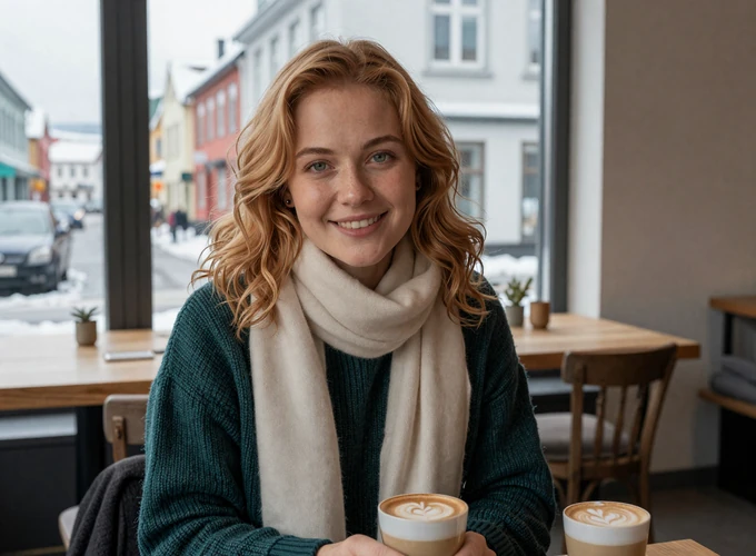 Icelandic woman enjoying coffee at a cozy Reykjavik cafe with snowy street visible through window - authentic Icelandic dating profile