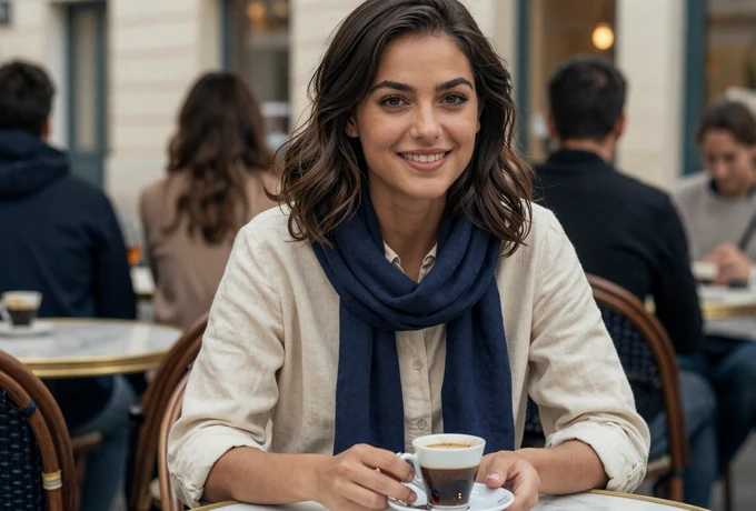 French woman at a Parisian cafe representing European dating culture for American men